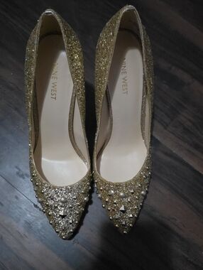 Nine West Gold Embellished Pointed Toe Heels